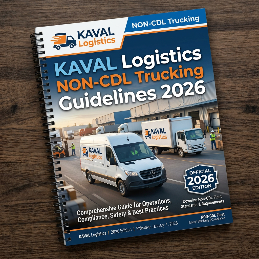 Cover of KAVAL Logistics Non-CDL Trucking Guidelines 2026 showing company vehicles and warehouse